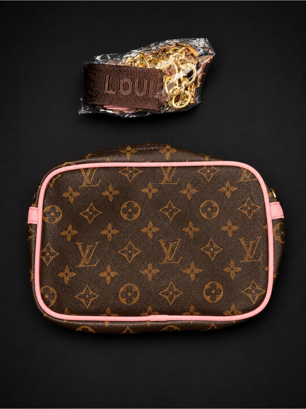 Inspired Monogram Crossbody Bag with Pink Trim, New Without Tags